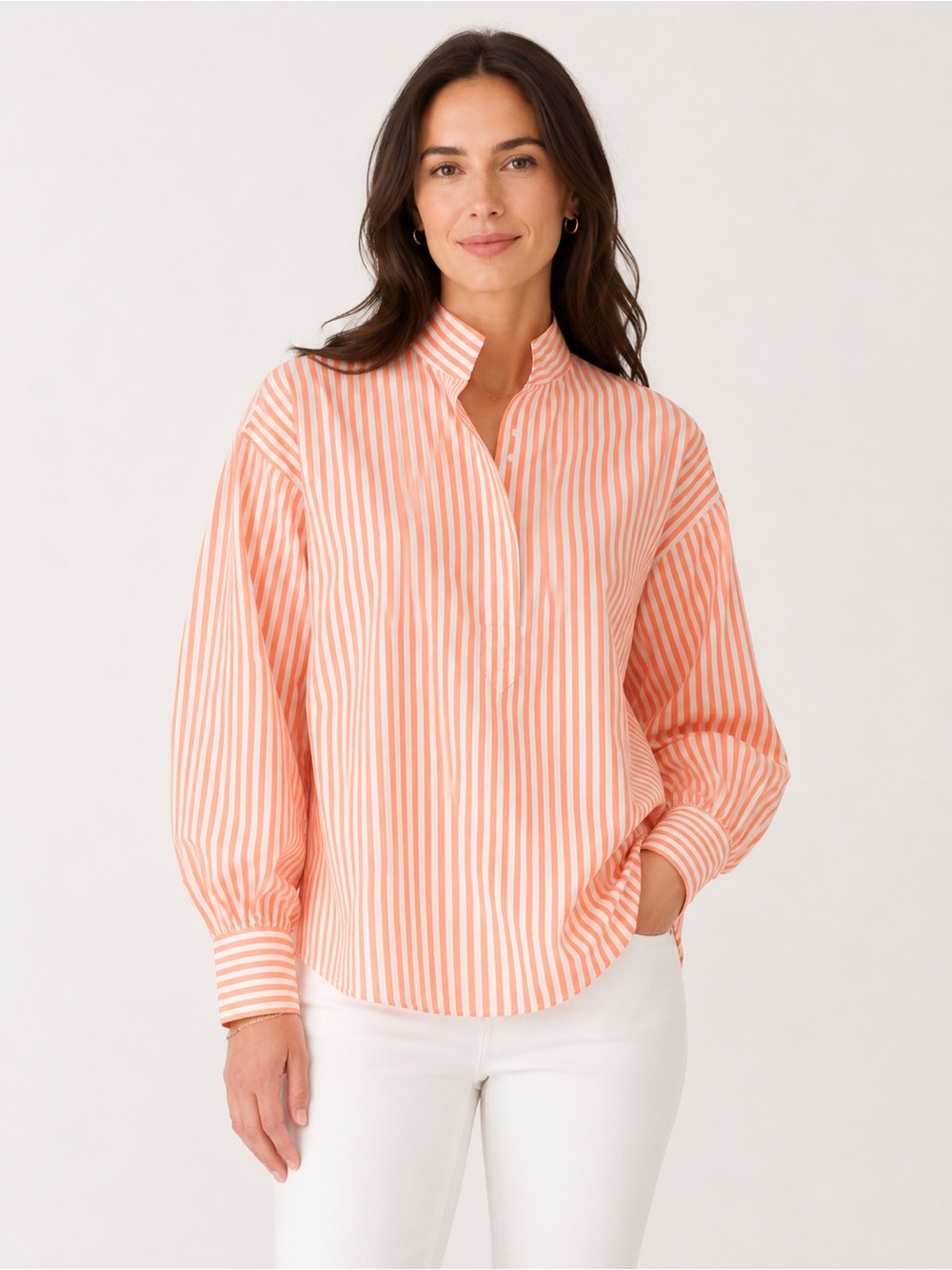 Ann Mashburn Anaya Popover Shirt Orange and White Stripe Cotton Top Blouse M
